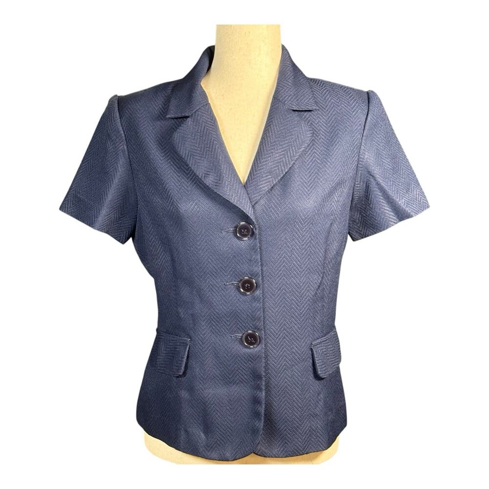 Vintage Sweet Suit Navy Herringbone Blazer Short Sleeve Button Front Size 10